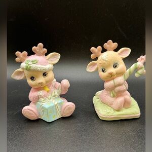 1992 VTG Enesco Baby Reindeer Christmas Figurines Pink Pajamas Bin-bin Teng